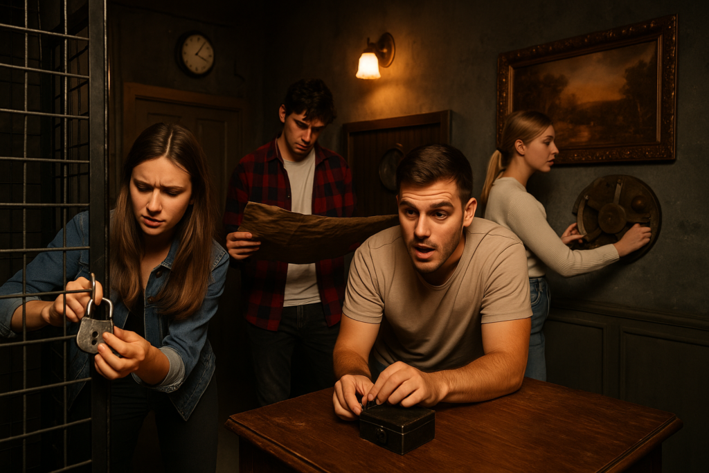 4 Personen rätseln in einem Escape Room