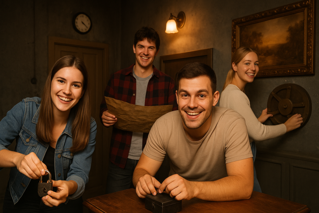 4 Personen rätseln in einem Escape Room